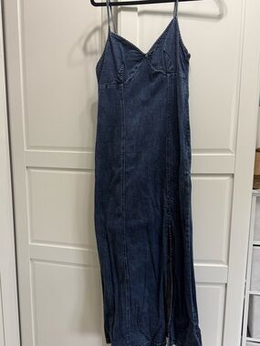 american eagle denim maxi dress AE Halter Denim Midi Dress Women's Light Wash M